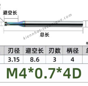 Dao phay ren hợp kim phủ DLC (nhôm) 0.7*8.6*50*4 P0.7 (3răng)