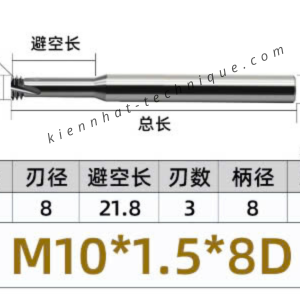 Dao phay ren hợp kim 1.5*21.8*60*8 P1.5 (3 răng)