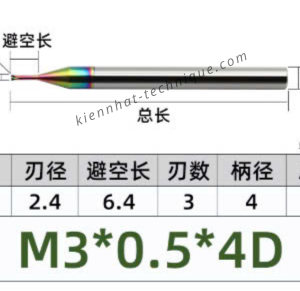 Dao phay ren hợp kim phủ DLC (nhôm) 0.5*6.4*50*4 P0.5 (3răng)