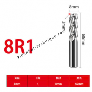 Dao phay Trụ cầu nhôm D8(R1)x20x60x8-3F