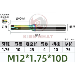 Dao phay ren nhôm M12X1.75 (10*30*75*10) (3 răng )