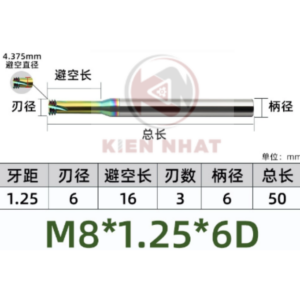 Dao phay ren nhôm M8X1.25 (6*20*50*6) (3 răng )