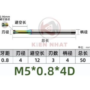 Dao phay ren nhôm M5X0.8 (4*12*50*4) (3 răng )