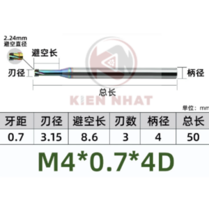 Dao phay ren nhôm M4X0.7 (3.15*10*50*4) (3 răng )