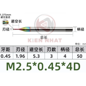 Dao phay ren nhôm M2.5X0.45 (1.96*6.5*50*4)