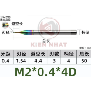 Dao phay ren nhôm M2X0.4 (1.54*6*50*4)