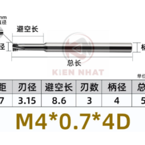 Dao phay ren M4X0.7 (3.15*12*50*4) (3 răng )